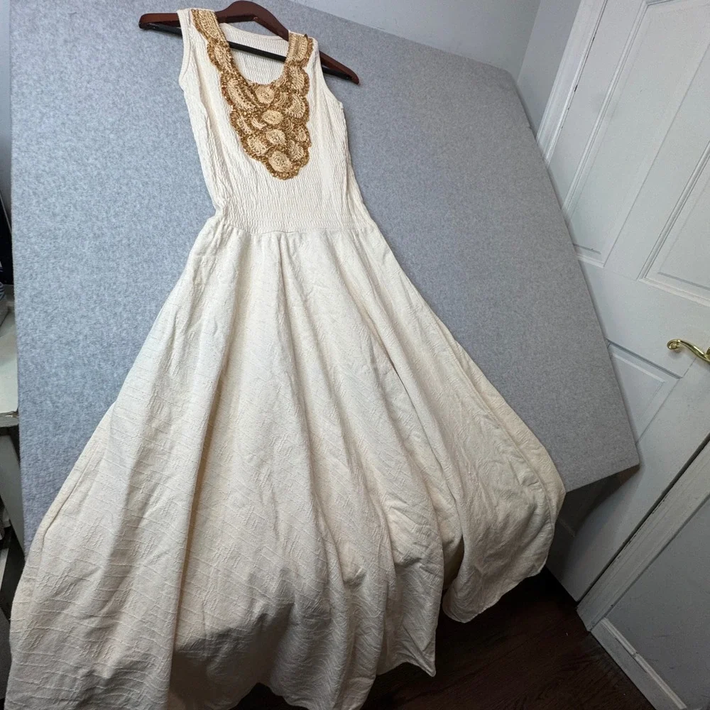 Cor D Terra Cotton Smocked Maxi Dress Beaded‎ Applique Brazil - Picture 3 of 8